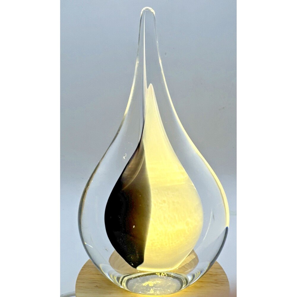 Marian Pyrcak Art Glass Tear Drop Paperweight with purple Grey white 7 in
